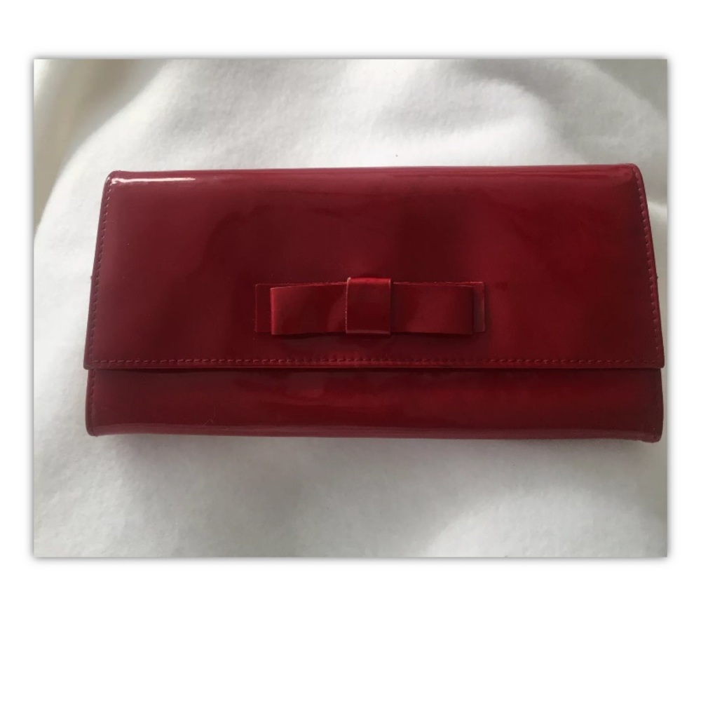 MUI MUI Prada Womens Wallet Italy Red Patent Leather W Bow 7.5x3.5” Oblong